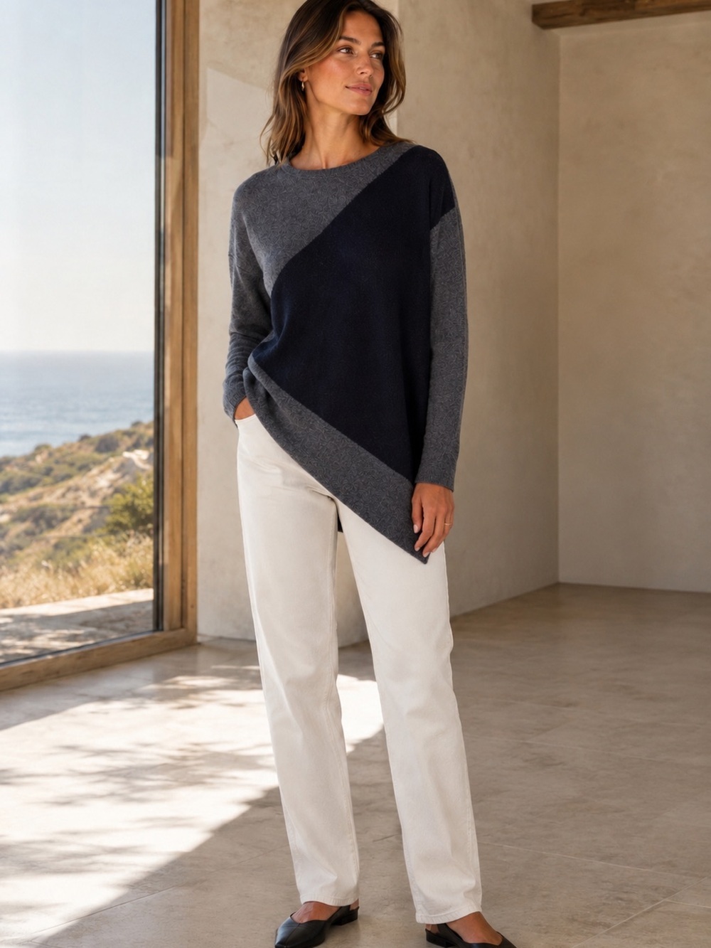Peck & Peck Cashmere Colorblock Asymmetric Sweater Black Gray M